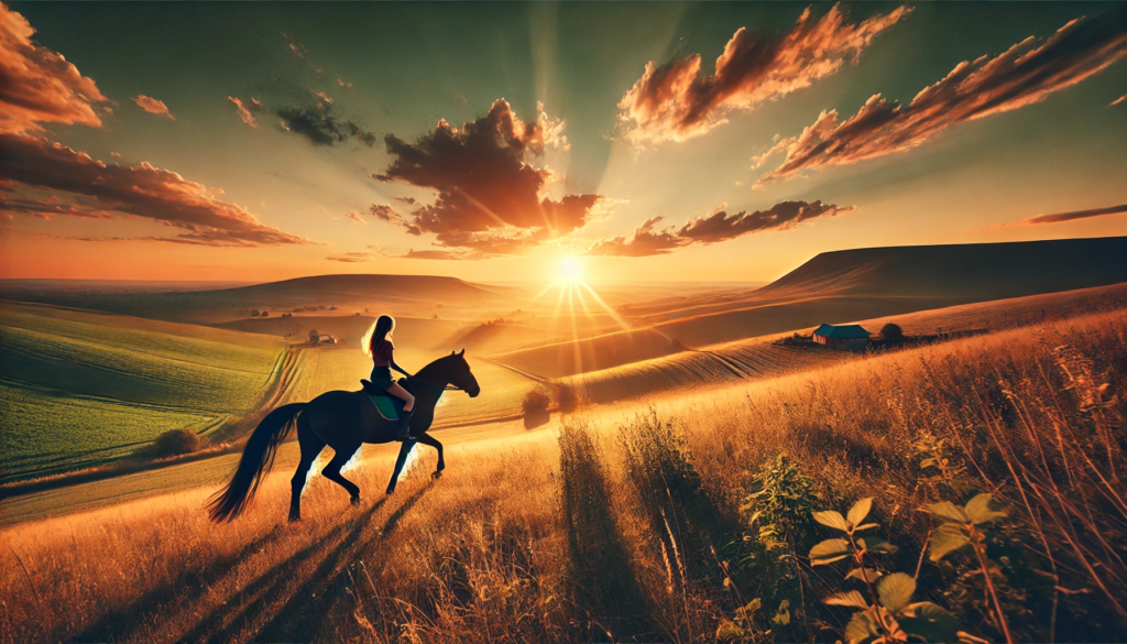 Girl Riding on a Horse with Sunset GIF